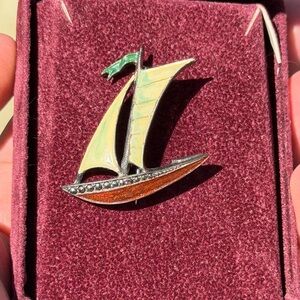 Sterling Silver Enamel Sailboat Pin with Rhinestones - Green, Cream, Orange